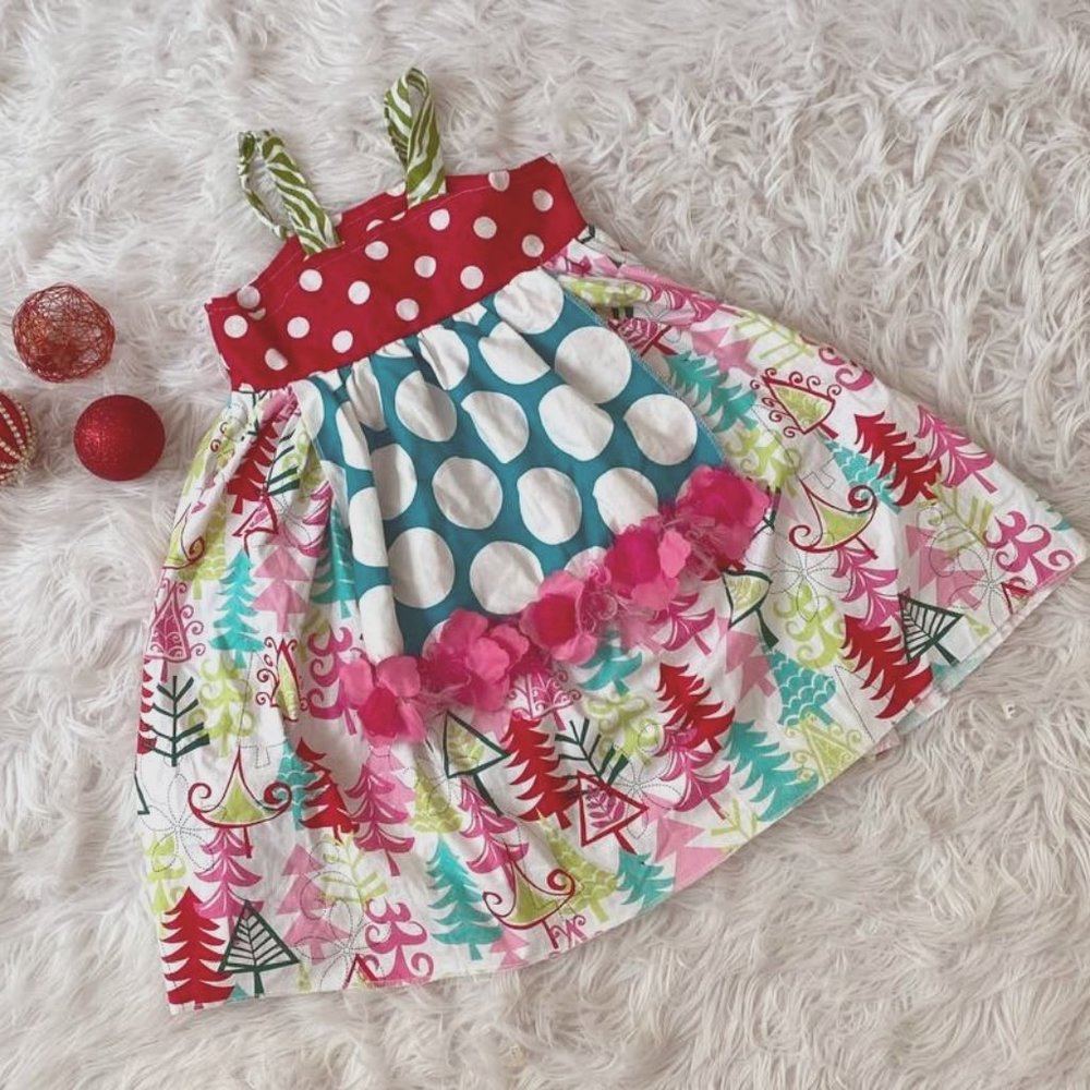 Custom Michael Miller Fabric Christmas Apron Knot Dress Trees Embellished 5 6
